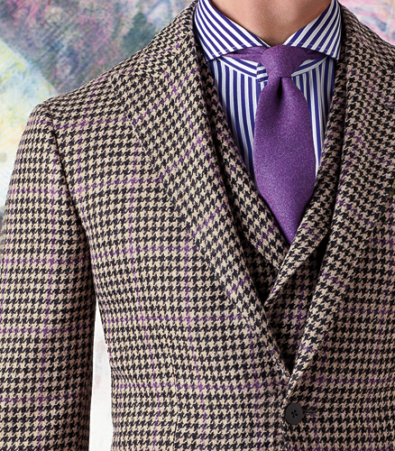 Wool Houndstooth Check Phillip Sport Jacket With Deco- Phineas Cole clothing is a lean contemporary silhouette. The body is trimmer and arms are narrower. Trousers are slimmer and flat front.
