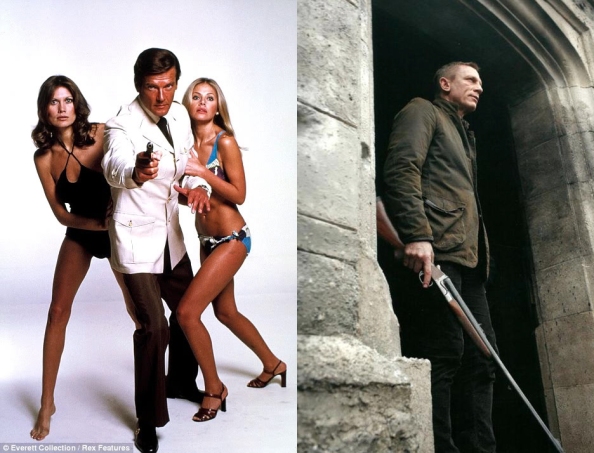 Left: Roger Moore as Bond in The Spy Who Loved Me. Right: Daniel Craig prepares for an attack on Skyfall Estate in a Barbour x Tokihito Yoshida Skyfall Jacket.
