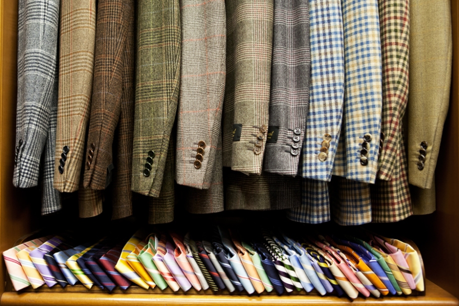 Image: The Sartorialist. - a sampling of the colours and materials for all his double breasted jackets.