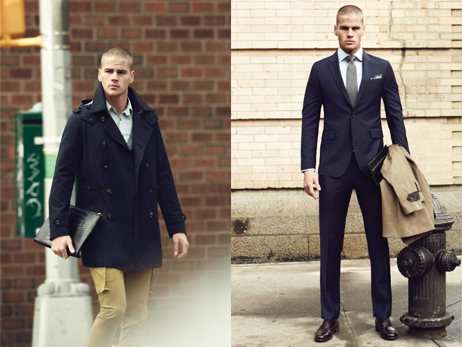 Left: Comodo Navy double breasted peacoat layered with blue poplin shirt and grey cardigan, paired with casual khaki chinos. Right: The penultimate formal navy suit with checked necktie. Image: Comodo