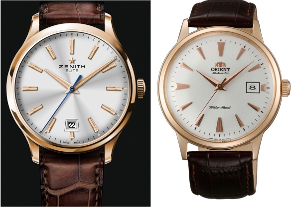 From left: Zenith Elite Captain Central Seconds and the Orient Bambino in rose gold.