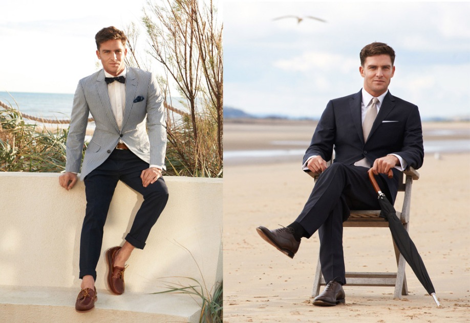 Left: Austin Reed Light Weight Checked Blazer with White Oxford Shirt and Blue Chinos. Right: Austin Reed CUT Navy Crisp Jacket with White Oxford Shirt and CUT Navy Crisp Trouser.