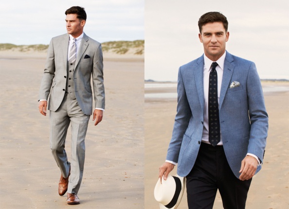 Left: Austin Reed Grey Jacket £375 Grey Waistcoat £175 White Oxford Shirt £69.90 Grey Trouser £120. Right: Austin Reed CUT Blue Puppytooth Jacket with White Oxford Shirt and CUT Navy Crisp Trouser.