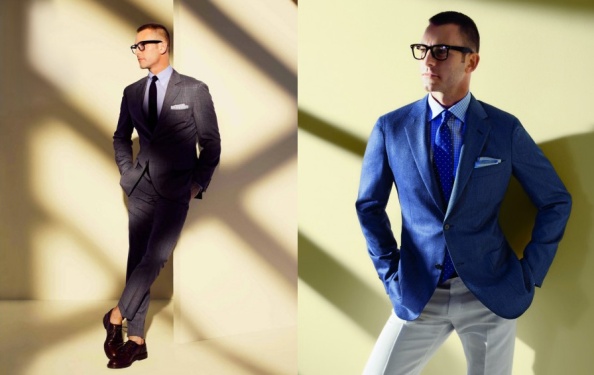 Left: Brunello Cucinelli three-roll-two button suit in gray plaid and blue windowpane wool with flat-front trousers. Right: Ermenegildo Zegna two-button suit in light gray herringbone and gray windowpane wool/silk with flat-front trousers.