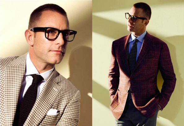 Patterns are back- the masculine check. Here on this Isaia two-button sport jacket in brown/ivory mini- check wool/silk/linen (left). Kiton in two-button sport jacket in RASPBERRY plaid cashmere/linen/silk.