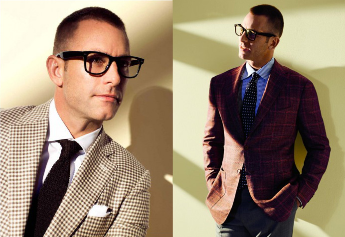 Patterns are back- the masculine check. Here on this Isaia two-button sport jacket in brown/ivory mini- check wool/silk/linen (left). Kiton in two-button sport jacket in RASPBERRY plaid cashmere/linen/silk.