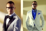 Wide lapels are back! Bergdorf exclusive- Left: Kiton/Cipa 1960 single-button evening jacket in navy/white stripe wool/linen with navy peak lapel. As are bold floral prints. Right: Tom Ford two-button suit in solid ivory textured silk with flat-front trousers.