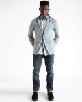 Seen here: (Country) Ticking Fade Wash Stripe Blazer with (Bullet) Prison Stripe Shirt and (BCJ003) Washed Green Tint Japanese Selvedge Jeans.