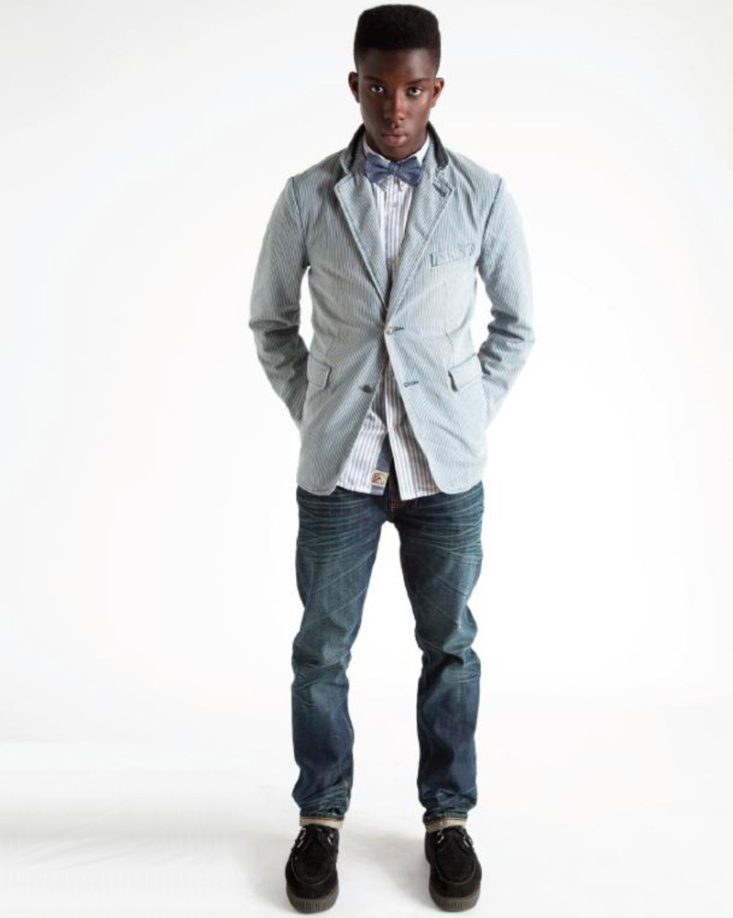 Seen here: (Country) Ticking Fade Wash Stripe Blazer with (Bullet) Prison Stripe Shirt and (BCJ003) Washed Green Tint Japanese Selvedge Jeans.