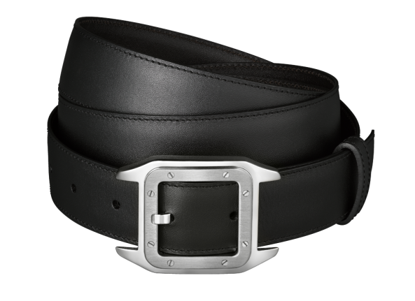 Palladium finish ardillon buckle, screw motif, reversible black/ dark brown cowhide strap.