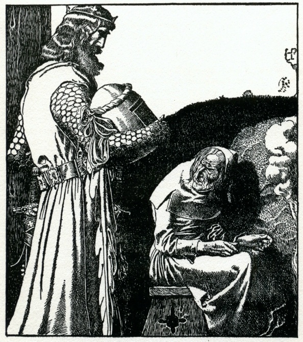 King Arthur encounters the ugly old woman, Ragnelle in a hut.